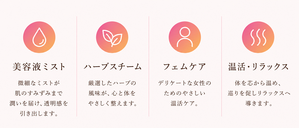 美容液ミスト、ハーブスチーム、フェムケア、温活・リラックス